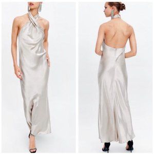 Zara halter neck silver champagne maxi dress limited edition, NWT, S